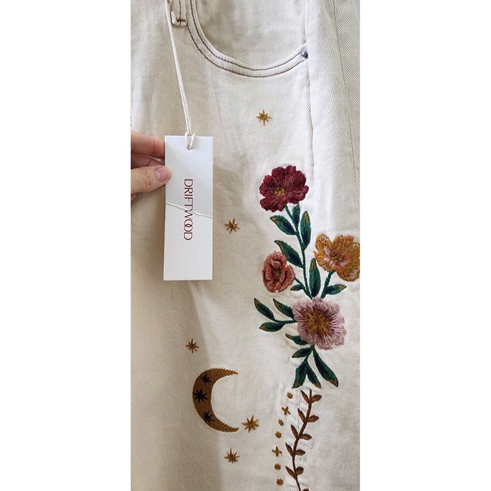 Driftwood Elaine Embroidered Celestial Moon Snake Jeans Cream 29 NEW - Picture 4 of 9